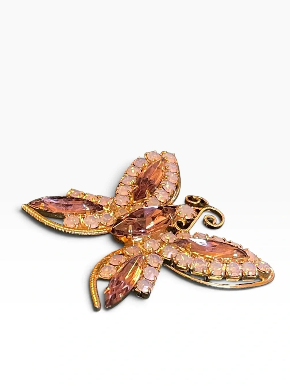 High-End Vintage Purple & Opaline Rhinestone Gold-Tone Butterfly Brooch